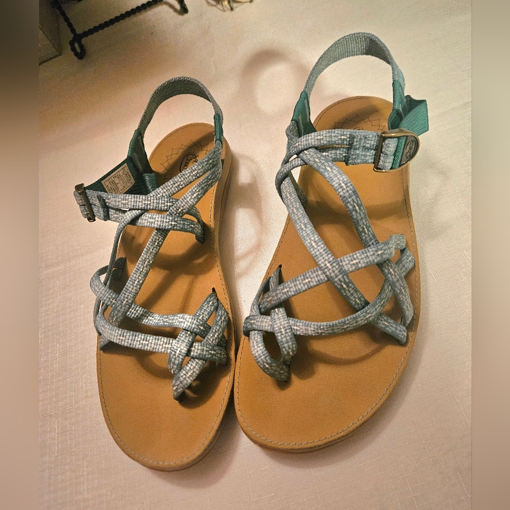 Chaco Light Blue Strappy Sandals with Tan Footbed Size 9